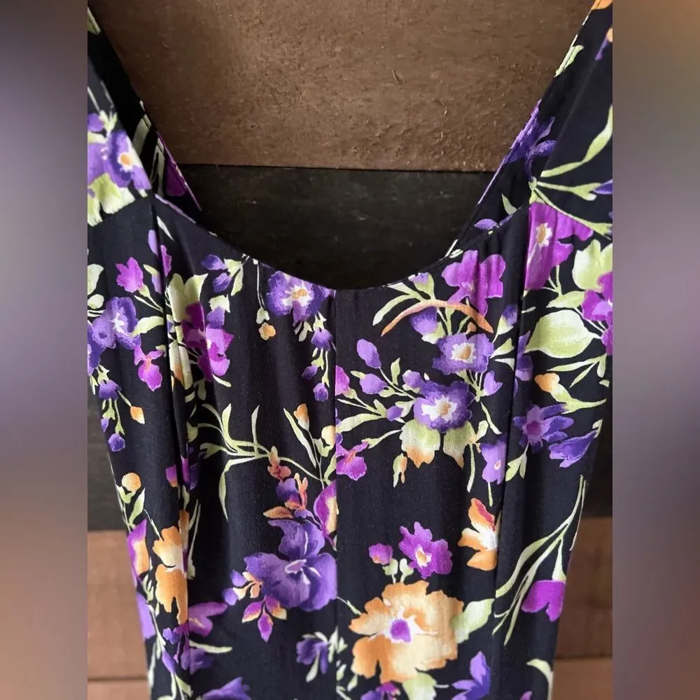 Vintage 80s All That Jazz Black Floral Midi Dress Crisscross Back Size 7/8 - Picture 4 of 16